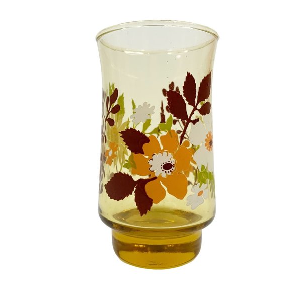 3 Vintage Amber Juice Glass 4" Drink Drinking 6 oz Floral White Flower Retro MCM - Picture 3 of 8